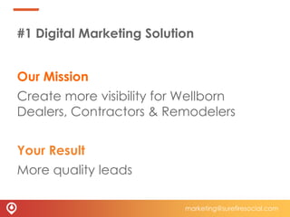 #1 Digital Marketing Solution
Our Mission
Create more visibility for Wellborn
Dealers, Contractors & Remodelers
Your Resul...
