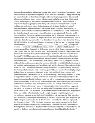 learning objectives listed below to each entry. Must identify at the top of journal entry what
objective below that you be writing about. Word limit 100-500 words. 1. Apply the nursing
process as it relates to theoretical principles in the nursing management of children and
adolescents within the family system. 2. Integrate caring behaviors, critical thinking and
clinical reasoning in the therapeutic management of the pediatric client and family. 3.
Implement effective, age appropriate, therapeutic communication skills in the care of
children and adolescents within the family system. 4. Evaluate the effectiveness of
interventions that are congruent with the cultural beliefs, traditions, and behaviors of
families. 5. Demonstrate leadership skills to serve as a member of the health care team in
the clinical setting. 6. Incorporate research findings in care planning. 7. Appraise health
policies and laws that impact pediatric nursing practice. 8. Debate the outcomes of ethical
dilemmas that arise in the care of the pediatric client. Your journals are due to your clinical
instructor the following week after your clinical experience. Bowie State University Bowie,
MD 20715 College of Professional Studies Department of Nursing Nurs 416 Journal Rubric
Student Name: ____________________ Date:__________________ Grade__________% (____total points
received 1) Comments Identified one learning objective in reflection 0.25% Describe your
experiences and how they apply to the learning objective. 0.60 Correct grammar, spelling,
clear concise data, and meet the word limit 100-500 words. 0.15 Total 1% Points Received
Bowie State University Bowie, MD 20715 College of Professional Studies Department of
Nursing Well Child Developmental Assessment Paper Guidelines Students will conduct a
developmental assessment met in a home setting to identify factors influencing a child’s
development. WELL CHILD DEVELOPMENTAL ASSESSMENT PAPER (20%) Each student
will conduct a pediatric developmental assessment in order to facilitate his/her learning of
the multiple, predictable aspects of a child’s growth and development. The student will also
assess the child’s home environment to identify some of the factors influencing the child’s
development. Following the visit, a written paper will be due which will include physiologic
and psychosocial assessment data, goals for the child and family, interventions, and
recommendations. I. PROCEDURE FOR THE VISIT Identify a well child (1 month – 10 years
of age) either in a home or school environment. The child should not be a member of the
student’s immediate family. For home visits, you will be conducting a developmental and a
home assessment for a child birth to 10 years of age. For school students, you may conduct a
systematic assessment of their developmental status and identify environmental factors
located in the school which are aimed at stimulating their development. Some suggested
parameters to include: a) birth date, age, and gender b) growth parameters – use growth
charts based on the ? For children < 2 years, use the Birth to 36 months 3rd-97th percentile
forms and plot the following on the chart: o length for age o weight for age o head
circumference for age o weight for length ? For children > 2 years, use the 2-20 years 3rd-
97th percentile forms and plot the following on the chart: o stature for age o weight for age
o BMI for age c) nutritional status d) development – remember the different aspects of
development e) family ? Who lives in the home and what are their roles with the child?
Bowie State University Bowie, MD 20715 College of Professional Studies Department of
Nursing ? What influences do they have on the child’s development? ? Is the child cared for
outside of the home and what impact does that have on the child and his/her family? f)
 
