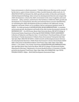 home environment or school assessment– ? include safety issues that may not be covered
by this tool, i.e.: guns in home, helmets w/ bikes, harmful chemicals within reach, etc. 2)
ANALYSIS OF DATA a) Interpret the child’s growth percentiles. b) Describe and interpret
child developmental findings. Select at least two developmental theorists and compare the
child’s development. c) Assess the child’s environment in the areas of cognitive and social
emotional , safety, nutrition, and list factors that facilitate or inhibit the child’s growth and
development. Or, if school based, describe environmental factors you have identified that
are stimulating the child’s development d) Discuss problems to be addressed, nursing
diagnoses, and needs. If there are no problems, discuss anticipatory guidance needs. 3)
GOALS – for child and family 4) INTERVENTIONS OR RECOMMENDATIONS – to maintain
and promote growth, development and health of the child. Include documented rationale. 5)
REFERENCE LIST – Use APA format. Bowie State University Bowie, MD 20715 College of
Professional Studies Department of Nursing SECTION POSSIBLE POINTS ASSESSMENT:
Collection of Subjective and Objective Data 1. Growth Chart 2. Nutritional Status (24-hour
food diary) 3. Family Assessment 5. Pediatric Home Environment Total points 5pts 5pts
5pts 5pts 20pts ANALYSIS OF DATA 1. Child’s Growth and Development (must reference
two developmental theorist) 2. Child’s Home Environment 3. Factors that facilitate/inhibit
G&D 4. Discussion of identified problems Total Points 15pts 10pts 10pts 15pts 50pts
GOALS: 1. 2 for Child 2. 2 for Family Total Points INTERVENTIONS/RECOMMENDATIONS:
4pts 4pts 8pts Bowie State University Bowie, MD 20715 College of Professional Studies
Department of Nursing 1. Maintenance of current Health Practices 2. Promotion of health,
growth & development Total Points 10pts 10pts 20pts APA FORMATING: 2pts TOTAL
POSSIBLE POINTS: 100pts …Well Child Development Assessment Paper
 