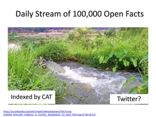 https://en.wikipedia.org/wiki/Irrigation#mediaviewer/File:Pump-
enabled_Riverside_Irrigation_in_Comilla,_Bangladesh,_25_April_2014.jpg CC BY-SA 3.0
Daily Stream of 100,000 Open Facts
Twitter?Indexed by CAT
 