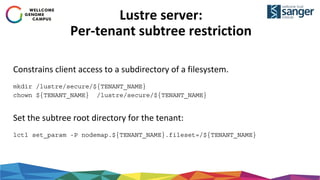 Lustre server:
Per-tenant subtree restriction
Constrains client access to a subdirectory of a filesystem.
mkdir /lustre/secure/${TENANT_NAME}
chown ${TENANT_NAME} /lustre/secure/${TENANT_NAME}
Set the subtree root directory for the tenant:
lctl set_param -P nodemap.${TENANT_NAME}.fileset=/${TENANT_NAME}
 