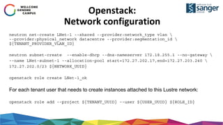 Openstack:
Network configuration
neutron net-create LNet-1 --shared --provider:network_type vlan 
--provider:physical_network datacentre --provider:segmentation_id 
${TENANT_PROVIDER_VLAN_ID}
neutron subnet-create --enable-dhcp --dns-nameserver 172.18.255.1 --no-gateway 
--name LNet-subnet-1 --allocation-pool start=172.27.202.17,end=172.27.203.240 
172.27.202.0/23 ${NETWORK_UUID}
openstack role create LNet-1_ok
For each tenant user that needs to create instances attached to this Lustre network:
openstack role add --project ${TENANT_UUID} --user ${USER_UUID} ${ROLE_ID}
 