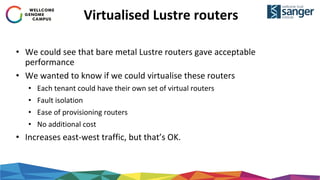 Virtualised Lustre routers
• We could see that bare metal Lustre routers gave acceptable
performance
• We wanted to know if we could virtualise these routers
• Each tenant could have their own set of virtual routers
• Fault isolation
• Ease of provisioning routers
• No additional cost
• Increases east-west traffic, but that’s OK.
 