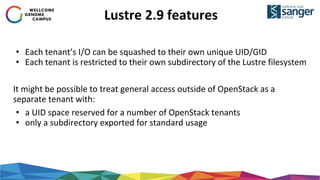 Lustre 2.9 features
• Each tenant’s I/O can be squashed to their own unique UID/GID
• Each tenant is restricted to their own subdirectory of the Lustre filesystem
It might be possible to treat general access outside of OpenStack as a
separate tenant with:
• a UID space reserved for a number of OpenStack tenants
• only a subdirectory exported for standard usage
 