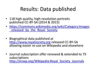 Results: Data published
• 118 high quality, high-resolution portraits
published CC-BY-SA (2014 & 2015)
• https://commons.wikimedia.org/wiki/Category:Images
_released_by_the_Royal_Society
• Biographical data published at
http://www.royalsociety.org released CC-BY-SA
allowing easier re-use on Wikipedia and elsewhere
• Journal subscription offer renewed & extended to 75
subscriptions
http://enwp.org/Wikipedia:Royal_Society_Journals
 