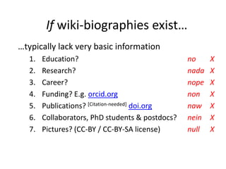 …typically lack very basic information
1. Education? no X
2. Research? nada X
3. Career? nope X
4. Funding? E.g. orcid.org...