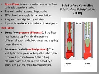 Sub-Surface Controlled
Sub-Surface Safety Valves
(SSSV)
• Storm Choke valves are restrictions in the flow
path held open b...
