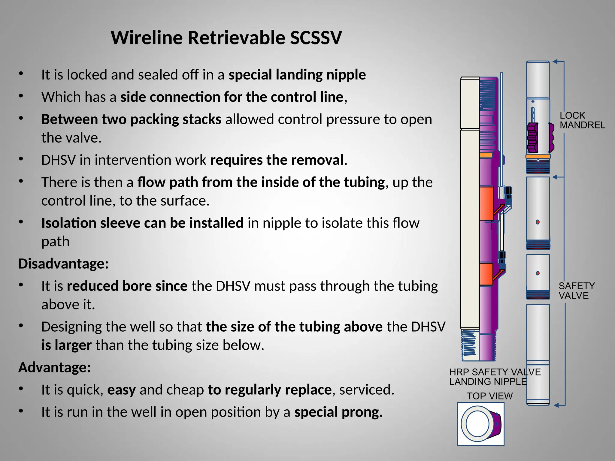 Wireline Retrievable SCSSV
• It is locked and sealed off in a special landing nipple
• Which has a side connection for the control line,
• Between two packing stacks allowed control pressure to open
the valve.
• DHSV in intervention work requires the removal.
• There is then a flow path from the inside of the tubing, up the
control line, to the surface.
• Isolation sleeve can be installed in nipple to isolate this flow
path
Disadvantage:
• It is reduced bore since the DHSV must pass through the tubing
above it.
• Designing the well so that the size of the tubing above the DHSV
is larger than the tubing size below.
Advantage:
• It is quick, easy and cheap to regularly replace, serviced.
• It is run in the well in open position by a special prong.
TOP VIEW
HRP SAFETY VALVE
LANDING NIPPLE
LOCK
MANDREL
SAFETY
VALVE
 