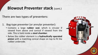 Blowout Preventer stack (cont.)
There are two types of preventers:
1. Bag-type preventer (or annular preventer):
• Contains a large rubber seal, which is circular if
viewed from above and conical if viewed from the
side. This is held inside a steel chamber.
• Below the rubber element is a hydraulically operated
piston with a matching conical shape on top to fit the
rubber underside.
 