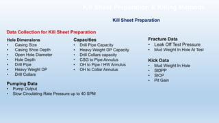 Kill Sheet Preparation
Data Collection for Kill Sheet Preparation
Hole Dimensions
• Casing Size
• Casing Shoe Depth
• Open Hole Diameter
• Hole Depth
• Drill Pipe
• Heavy Weight DP
• Drill Collars
Capacities
• Drill Pipe Capacity
• Heavy Weight DP Capacity
• Drill Collars capacity
• CSG to Pipe Annulus
• OH to Pipe / HW Annulus
• OH to Collar Annulus
Pumping Data
• Pump Output
• Slow Circulating Rate Pressure up to 40 SPM
Fracture Data
• Leak Off Test Pressure
• Mud Weight In Hole At Test
Kick Data
• Mud Weight In Hole
• SIDPP
• SICP
• Pit Gain
Kill Sheet Preparation & Killing Methods
 