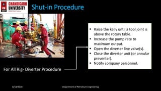 Shut-in Procedure
For All Rig- Diverter Procedure
 Raise the kelly until a tool joint is
above the rotary table.
 Increase the pump rate to
maximum output.
 Open the diverter line valve(s).
 Close the diverter unit (or annular
preventer).
 Notify company personnel.
8/18/2018 Department of Petroleum Engineering
 