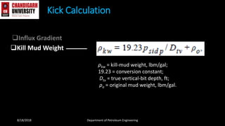 Influx Gradient
Kill Mud Weight
Kick Calculation
8/18/2018 Department of Petroleum Engineering
ρkw = kill-mud weight, lbm/gal;
19.23 = conversion constant;
Dtv = true vertical-bit depth, ft;
ρo = original mud weight, lbm/gal.
 