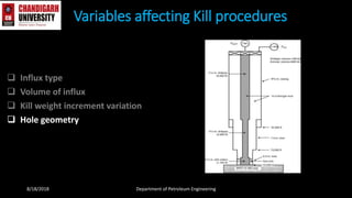  Influx type
 Volume of influx
 Kill weight increment variation
 Hole geometry
Variables affecting Kill procedures
8/18/2018 Department of Petroleum Engineering
 
