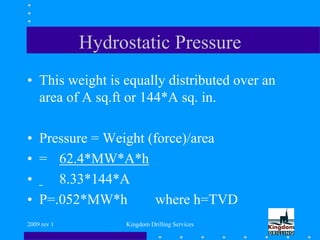 2009 rev 1 Kingdom Drilling Services
Hydrostatic Pressure
• This weight is equally distributed over an
area of A sq.ft or 144*A sq. in.
• Pressure = Weight (force)/area
• = 62.4*MW*A*h
• 8.33*144*A
• P=.052*MW*h where h=TVD
 