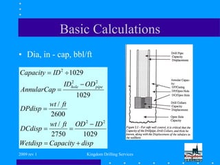 2009 rev 1 Kingdom Drilling Services
Basic Calculations
• Dia, in - cap, bbl/ft
dispCapacityWetdisp
IDODftwt
DCdisp
ftwt
DPdisp
ODID
AnnularCap
IDCapacity
pipehole







10292750
/
2600
/
1029
1029
22
22
2
 