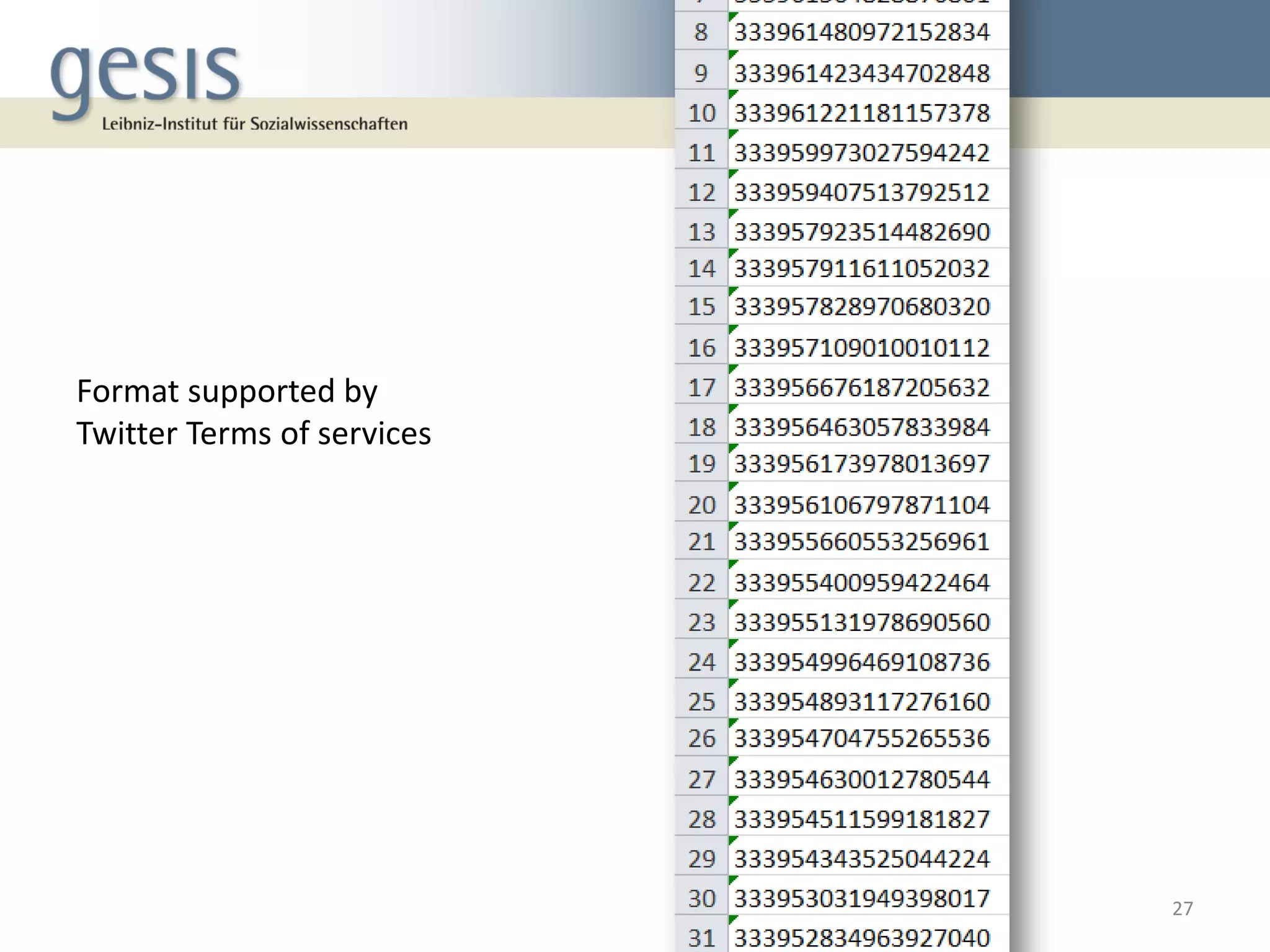 27
Format supported by
Twitter Terms of services
 