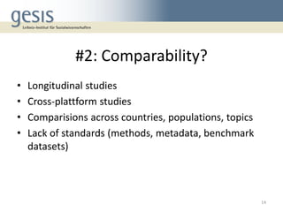 #2: Comparability?
• Longitudinal studies
• Cross-plattform studies
• Comparisions across countries, populations, topics
• Lack of standards (methods, metadata, benchmark
datasets)
14
 