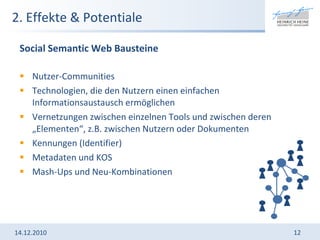 2. Effekte & Potentiale  Social Semantic Web Bausteine  Nutzer-Communities Technologien, die den Nutzern einen einfachen Informationsaustausch ermöglichen Vernetzungen zwischen einzelnen Tools und zwischen deren „Elementen“, z.B. zwischen Nutzern oder Dokumenten Kennungen (Identifier) Metadaten und KOS Mash-Ups und Neu-Kombinationen 14.12.2010 