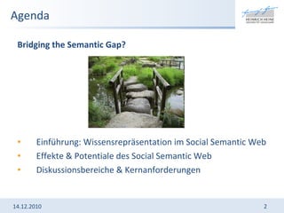 Agenda Bridging the Semantic Gap? Einführung: Wissensrepräsentation im Social Semantic Web Effekte & Potentiale des Social Semantic Web Diskussionsbereiche & Kernanforderungen 14.12.2010 