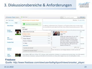 14.12.2010 Freebase  Quelle: http://www.freebase.com/view/user/tadhg/tsport/views/snooker_player. 3. Diskussionsbereiche & Anforderungen 