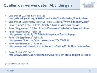 Quellen der verwendeten Abbildungen Screenshot „Wikipedia“ Folie 11:  http://de.wikipedia.org/wiki/Diskussion:R%C3%B6mische_Wandmalerei . Screenshot „Bibsonomy Tagcloud“ Folie 11:  http://www.bibsonomy.org / . Foto „Tunnel“, Folie 13, Foto „Brücke“, Folie 2: Windows Clip Art.  Foto „Wegweiser 1“ Folie 14:  http://www.mefmab.ch/html/kontakt.html . Foto „Wegweiser 2“ Folie 14:  http://www.drjost.ch/162,0,beispiele-gruppe-2,index,0.php . Foto „Kleiderschrank“ Folie 17:  http://www.flickr.com/photos/molamoni/754750979/ .  Foto „Großraumbüro“ Folie 20:  http://www.welt.de/wissenschaft/medizin/article3017482/Arbeit-im-Grossraumbuero-macht-krank.html .  Foto „Post-its“ Folie 26:  http://www.core77.com/corehome/2005/04/i-am-stuck-on-post-its-cuz-post-its.html   (jeweils Stand 12.12.2010) 14.12.2010 