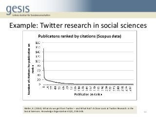 Example: Twitter research in social sciences
12
Weller, K. (2014). What do we get from Twitter – and What Not? A Close Loo...