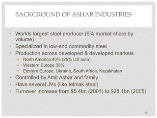BACKGROUND OF ASHAR INDUSTRIES
• Worlds largest steel producer (6% market share by
volume)
• Specialized in low-end commodity steel
• Production across developed & developed markets
• North America 40% (25% US auto)
• Western Europe 33%
• Eastern Europe, Ukraine, South Africa, Kazakhstan
• Controlled by Amit Ashar and family
• Have several JVs (like telmak steel)
• Turnover increase from $5.4bn (2001) to $28.1bn (2005)
12
 