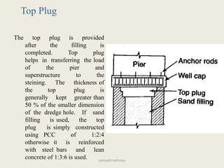 Top Plug
The top plug is provided
after the filling is
completed. Top plug
helps in transferring the load
of the pier and
superstructure to the
steining. The thickness of
the top plug is
generally kept greater than
50 % of the smaller dimension
of the dredge hole. If sand
filling is used, the top
plug is simply constructed
using PCC of 1:2:4
otherwise it is reinforced
with steel bars and lean
concrete of 1:3:6 is used. sampath kathroju
 