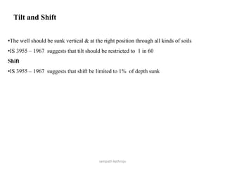 Tilt and Shift
•The well should be sunk vertical & at the right position through all kinds of soils
•IS 3955 – 1967 suggests that tilt should be restricted to 1 in 60
Shift
•IS 3955 – 1967 suggests that shift be limited to 1% of depth sunk
sampath kathroju
 