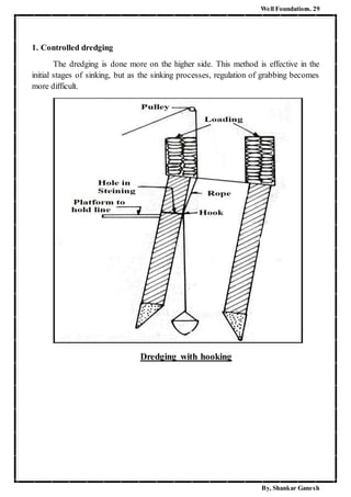 Well Foundations. 29
By, Shankar Ganesh
1. Controlled dredging
The dredging is done more on the higher side. This method is effective in the
initial stages of sinking, but as the sinking processes, regulation of grabbing becomes
more difficult.
Dredging with hooking
 