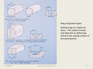 Ring and groove types
Sealing rings are single use
items. The metal-to-metal
seal depends on deforming
metal to the sealing surface of
the spool groove.
3/14/2009 30George E. King Engineering
 