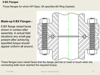 6 BX Flanges
Those flanges for which API Spec. 6A specifies BX Ring Gaskets.
These flanges have raised faces that the design permits to meet or touch when the
connecting bolts have reached the required torque.
Made-up 6 BX Flanges -
6 BX flange raised faces
shown in contact after
assembly. In actual field
situations any small gap
present after achieving
specified torque should
appear uniform all around.
3/14/2009 51George E. King Engineering
 