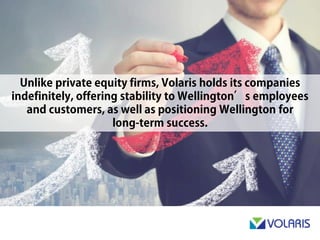 Unlike private equity firms, Volaris holds its companies indefinitely,
offering stability to Wellington’s employees and customers, as well
as positioning Wellington for long-term success.
 