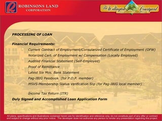 PROCESSING OF LOAN Financial Requirements: Current Contract of Employment/Consularized Certificate of Employment (OFW) Notarized Cert. of Employment w/ Compensation (Locally Employed) Audited Financial Statement (Self-Employed) Proof of Remittance Latest Six Mos. Bank Statement Pag-IBIG Passbook  (for P.O.P. member) MSVS-Membership Status Verification Slip (for Pag-IBIG local member) Income Tax Return (ITR) Duly Signed and Accomplished Loan Application Form 