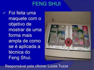    Foi feita uma
    maquete com o
    objetivo de
    mostrar de uma
    forma mais
    ampla de como
    se é aplicada a
    técnica do
    Feng Shui.
Responsável pela oficina: Lucas Tuzze
 