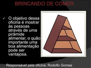     O objetivo dessa
     oficina é mostrar
     ás pessoas
     através de uma
     pirâmide
     alimentar, o quão
     importante uma
     boa alimentação
     pode ser
     vantajosa.

    Responsável pela oficina: Rodolfo Gomes
 