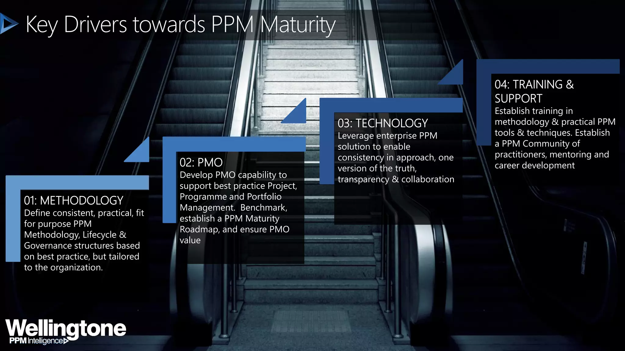 Key Drivers towards PPM Maturity
01: METHODOLOGY
Define consistent, practical, fit
for purpose PPM
Methodology, Lifecycle &
Governance structures based
on best practice, but tailored
to the organization.
02: PMO
Develop PMO capability to
support best practice Project,
Programme and Portfolio
Management. Benchmark,
establish a PPM Maturity
Roadmap, and ensure PMO
value
03: TECHNOLOGY
Leverage enterprise PPM
solution to enable
consistency in approach, one
version of the truth,
transparency & collaboration
04: TRAINING &
SUPPORT
Establish training in
methodology & practical PPM
tools & techniques. Establish
a PPM Community of
practitioners, mentoring and
career development
 