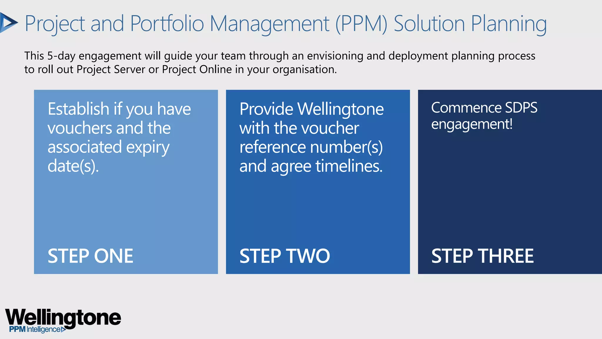STEP ONE
Establish if you have
vouchers and the
associated expiry
date(s).
STEP TWO
Provide Wellingtone
with the voucher
reference number(s)
and agree timelines.
STEP THREE
Commence SDPS
engagement!
Project and Portfolio Management (PPM) Solution Planning
This 5-day engagement will guide your team through an envisioning and deployment planning process
to roll out Project Server or Project Online in your organisation.
 