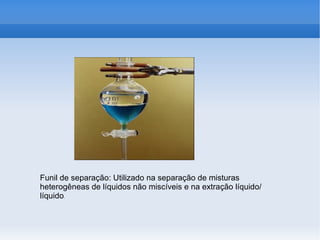 Funil de separação: Utilizado na separação de misturas
heterogêneas de líquidos não miscíveis e na extração líquido/
líquido.
 
