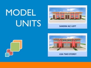 MODEL	

UNITS	

 SANDRA	
  W/	
  LOFT	
  
LISA	
  TWO	
  STOREY	
  
 