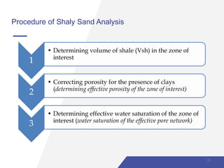 Procedure of Shaly Sand Analysis
1
• Determining volume of shale (Vsh) in the zone of
interest
2
• Correcting porosity for the presence of clays
(determining effective porosity of the zone of interest)
3
• Determining effective water saturation of the zone of
interest (water saturation of the effective pore network)
25
 