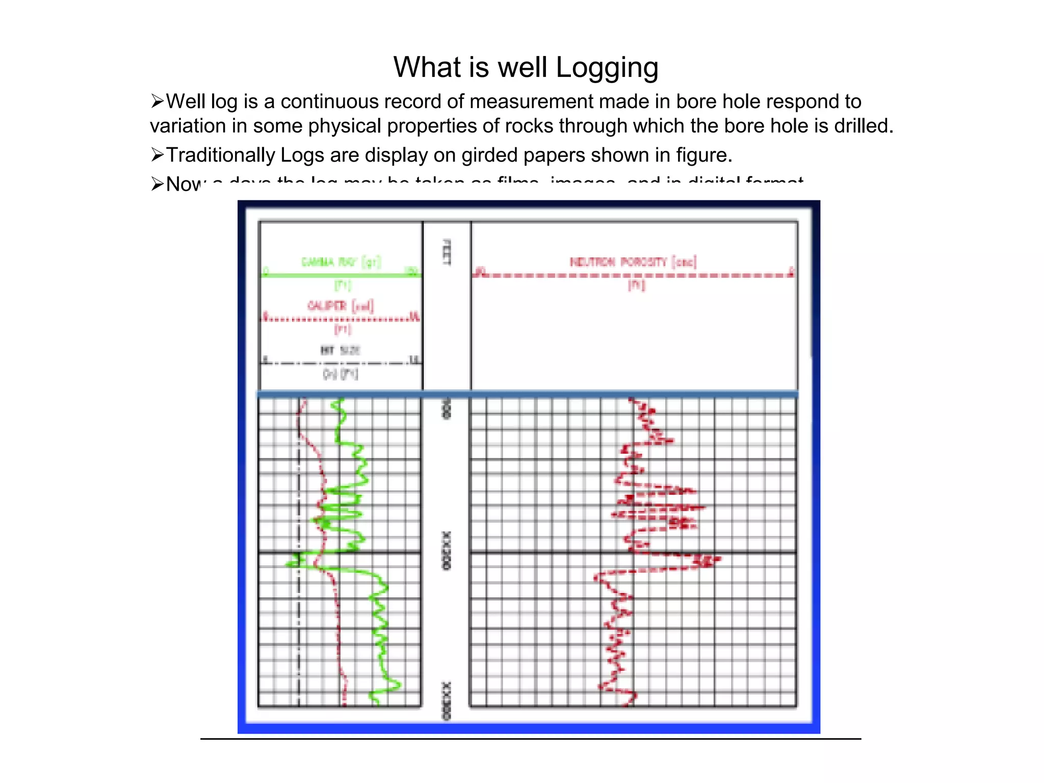 What is well Logging
Well log is a continuous record of measurement made in bore hole respond to
variation in some physical properties of rocks through which the bore hole is drilled.
Traditionally Logs are display on girded papers shown in figure.
Now a days the log may be taken as films, images, and in digital format.
 