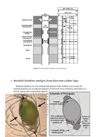  Borehole breakout analysis from four-arm caliper logs:
Borehole breakouts are stress-induced enlargements of the wellbore cross-section. So
borehole breakouts are an important indicator of horizontal stress orientation, particularly in a
seismic regions and at intermediate depths (<5 km). Approximately 19% of the stress
orientation indicators in the World Stress Map (WSM) database have been determined from
borehole breakouts. Here we present the procedures for interpreting borehole breakouts from
four-arm caliper log data and for WSM quality ranking of stress orientations deduced from
borehole breakouts.
When a borehole is drilled the material removed from the subsurface is no longer supporting
the surrounding rock. As a result, the stresses become concentrated in the surrounding rock (i.e.
the wellbore wall). Borehole breakout occurs when the stresses around the borehole exceed that
required to cause compressive failure of the borehole wall. The enlargement of the wellbore is
caused by the development of intersecting conjugate shear planes, that cause pieces of the
borehole wall to spall off (Figure 9.4).
 