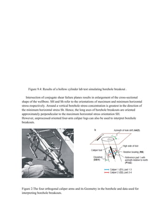 Figure 9.4: Results of a hollow cylinder lab test simulating borehole breakout .
Intersection of conjugate shear failure planes results in enlargement of the cross-sectional
shape of the wellbore. SH and Sh refer to the orientations of maximum and minimum horizontal
stress respectively. Around a vertical borehole stress concentration is greatest in the direction of
the minimum horizontal stress Sh. Hence, the long axes of borehole breakouts are oriented
approximately perpendicular to the maximum horizontal stress orientation SH.
However, unprocessed oriented four-arm caliper logs can also be used to interpret borehole
breakouts.
Figure 2:The four orthogonal caliper arms and its Geometry in the borehole and data used for
interpreting borehole breakouts.
 