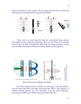 19


special electrodes on the sondes. The focusing electrode tools include the
Laterolog (LL) and Spherically Focused Logs (SFL).




       These tools are much superior than the conventional logs and for
also highly resistive adjacent formations. They are also better for resolution
point of view for thin to moderately thick beds. Focusing electrode systems
are available with deep, medium and shallow depths of investigation.




              Focused electrical logging tool (DLL)

      The deep-reading devices include the Laterolog 7, the Laterolog 3,
and the deep Laterolog and Dual Laterolog tool (DLL). The medium- to
shallow-reading devices are the Laterolog 8 of the Dual Induction-
Laterolog tool (DIL), the shallow Laterolog of the DLL tool.


                                                                           19
 