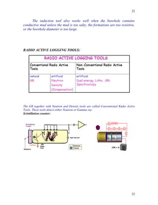 22


       The induction tool also works well when the borehole contains
conductive mud unless the mud is too salty, the formations are too resistive,
or the borehole diameter is too large.




RADIO ACTIVE LOGGING TOOLS:




The GR together with Neutron and Density tools are called Conventional Radio Active
Tools. These tools detect either Neutron or Gamma ray.
Scintillation counter:




                                                                                22
 