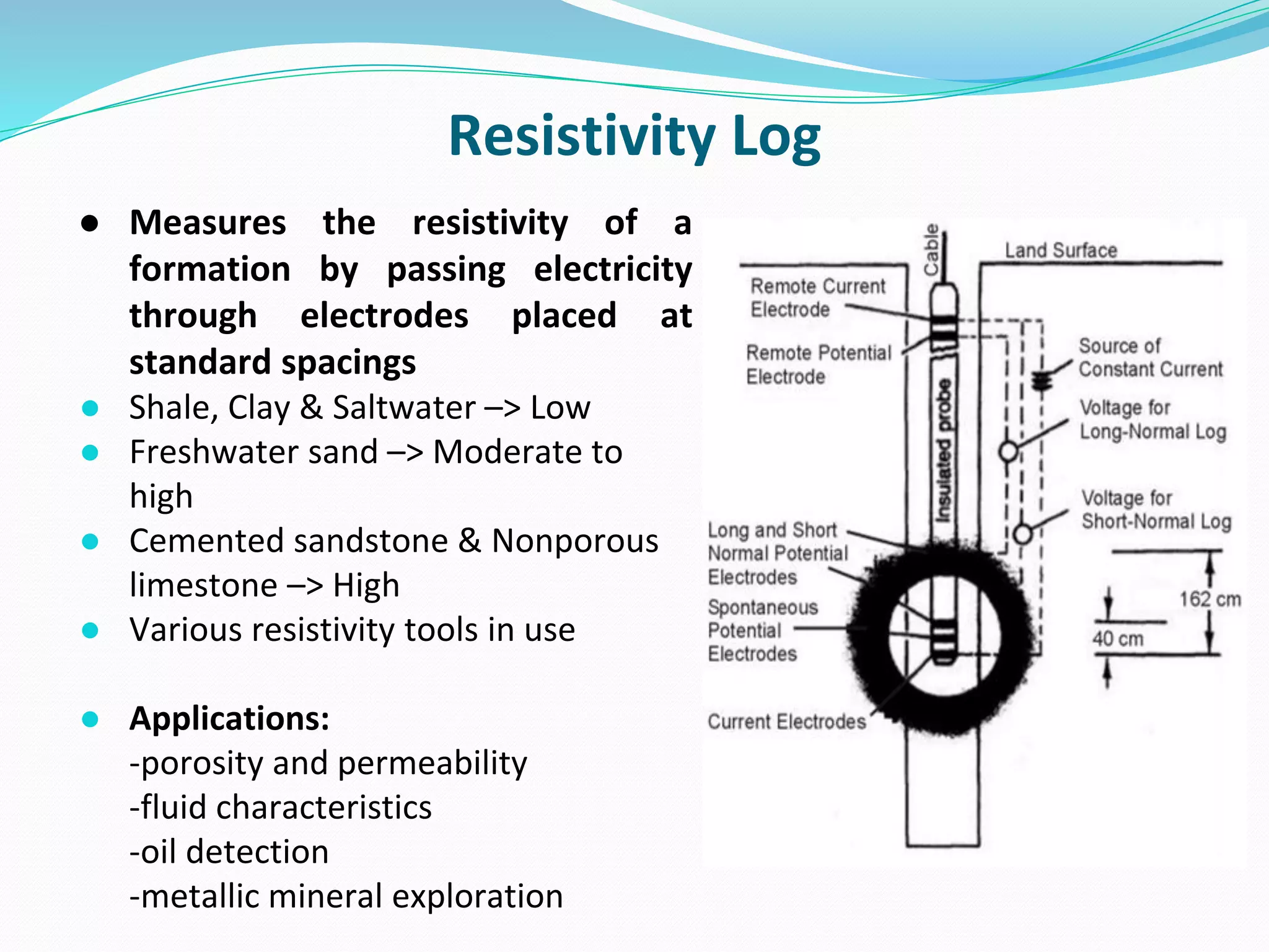Resistivity Log
● Measures the resistivity of a
formation by passing electricity
through electrodes placed at
standard spacings
● Shale, Clay & Saltwater –> Low
● Freshwater sand –> Moderate to
high
● Cemented sandstone & Nonporous
limestone –> High
● Various resistivity tools in use
● Applications:
-porosity and permeability
-fluid characteristics
-oil detection
-metallic mineral exploration
 