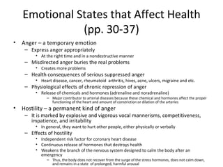 Emotional States that Affect Health (pp. 30-37) Anger – a temporary emotion Express anger appropriately At the right time and in a nondestructive manner Misdirected anger buries the real problems  Creates more problems Health consequences of serious suppressed anger Heart disease, cancer, rheumatoid  arthritis, hives, acne, ulcers, migraine and etc. Physiological effects of chronic repression of anger Release of chemicals and hormones (adrenaline and noradrenaline) Major contributor to arterial diseases because these chemical and hormones affect the proper functioning of the heart and amount of constriction or dilation of the arteries  Hostility – a permanent kind of anger It is marked by explosive and vigorous vocal mannerisms, competitiveness, impatience, and irritability In general, they want to hurt other people, either physically or verbally Effects of hostility Independent risk factor for coronary heart disease Continuous release of hormones that destroys health Weakens the branch of the nervous system designed to calm the body after an emergency Thus, the body does not recover from the surge of the stress hormones, does not calm down, and remains in a state  of prolonged, harmful arousal 