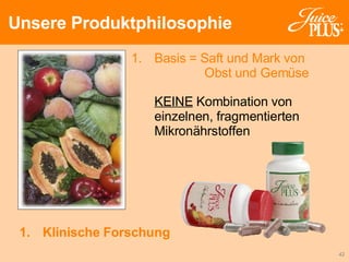 Unsere Produktphilosophie Klinische Forschung Basis = Saft und Mark von  Obst und Gemüse KEINE  Kombination von einzelnen, fragmentierten Mikronährstoffen 