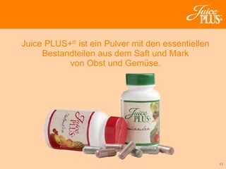 Juice PLUS+ ®  ist ein Pulver mit den essentiellen Bestandteilen aus dem Saft und Mark von Obst und Gemüse. 